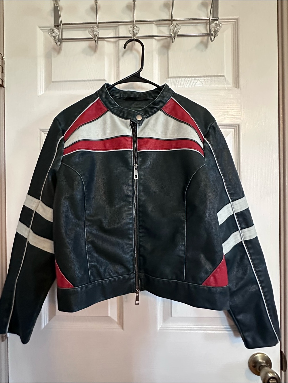 wild fable Black Faux Leather Jacket with Red & White Stripes
